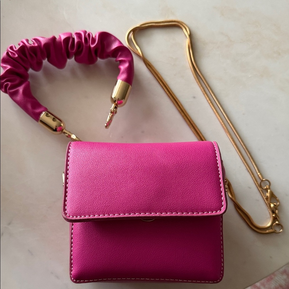 Mini Women's Pink Leather Bag with Top Handle Strap and Gold Chain Strap